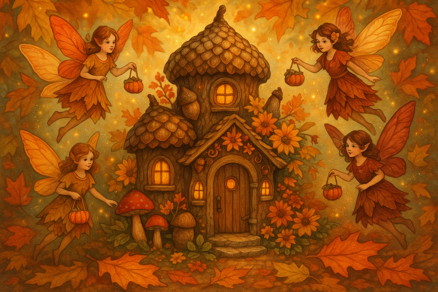 Fall fairy house with fairies carrying small pumpkin baskets