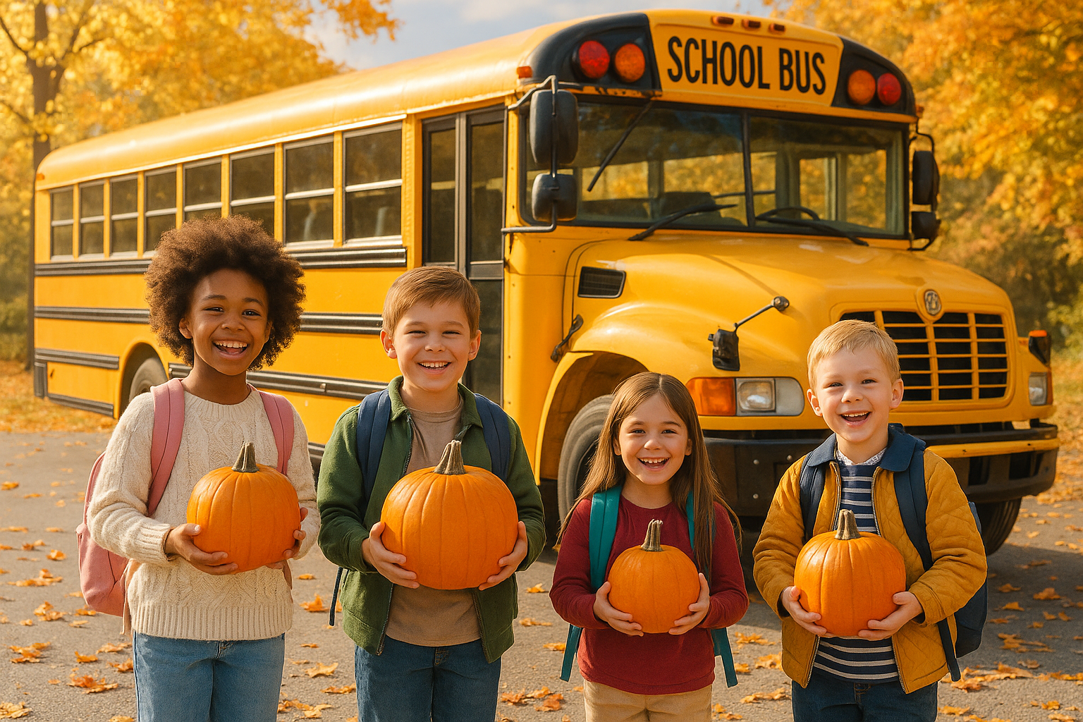 School Bus with kids holding pumpkins
