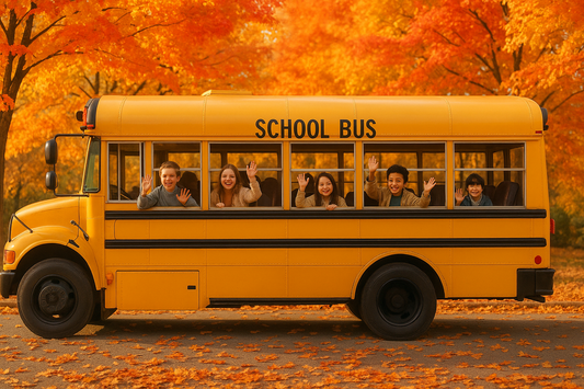 Fall school bus with kids not holding pumpkins